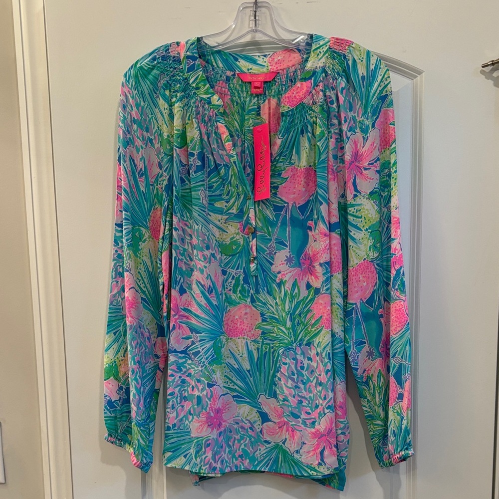 Lilly Pulitzer Teal, Pink & Green Tropical Print Top